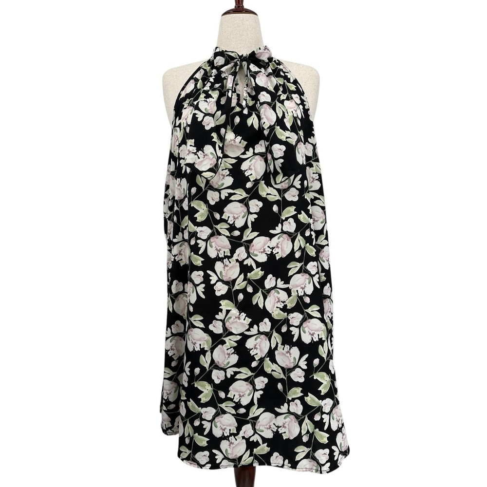 Sun & Moon Black Floral Sleeveless Halter Neck A-Line Swing Dress Women's Large